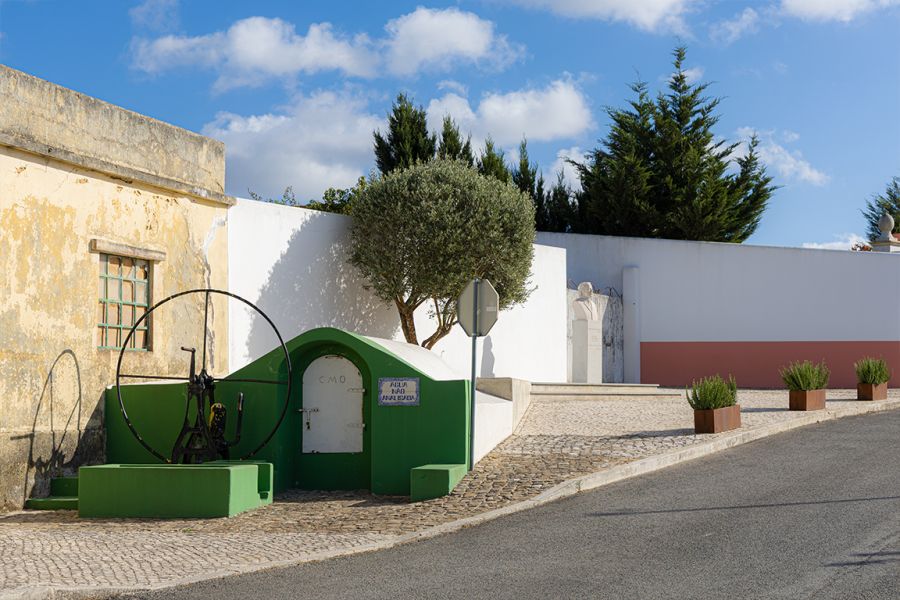 Rua com casas caiadas, uma oliveira e um poço de porta verde, num dia de sol